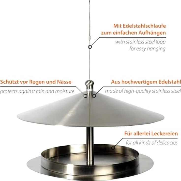 Luxus-Vogelhaus 11600 Rundes Design-Futterhaus ''Silberglanz'' aus Edelstahl mit Draht zum Aufhängen – Bild 4