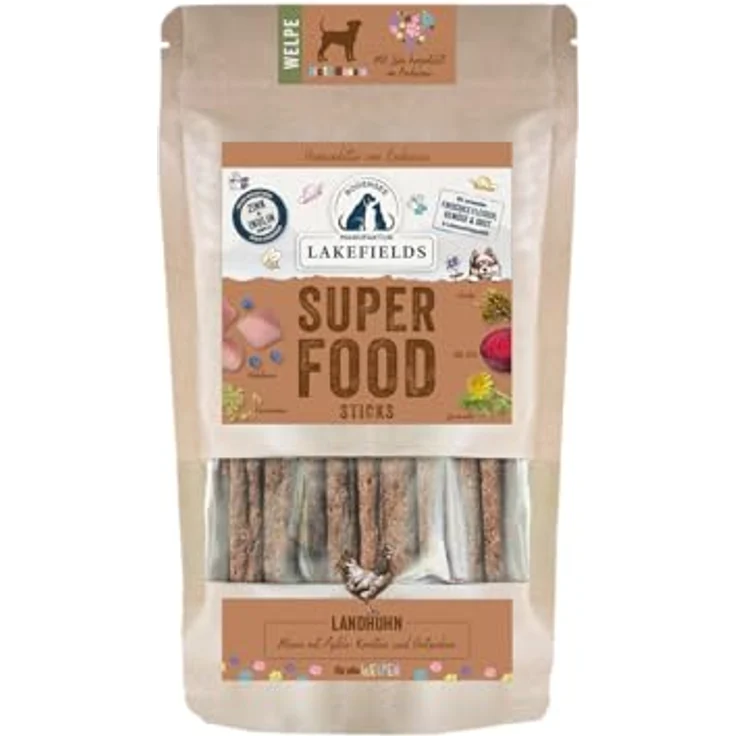 Lakefields SUPERFOOD Sticks, Premium Hundeleckerli für Welpen mit Huhn 61%, 130g, getreidefrei, mit Fenchelsamen & Heidelbeeren, entwickelt mit Tierärzten – Bild 1