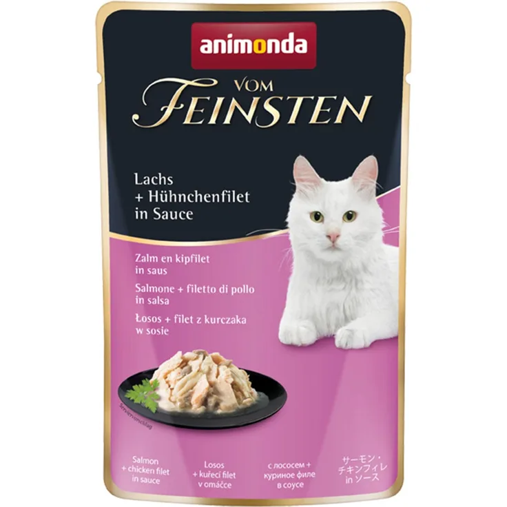 animonda vom Feinsten Lachs und Hühnchenfilet in Sauce, Katzen-Nassfutter 18x50g, ohne Soja für ausgewachsene Katzen