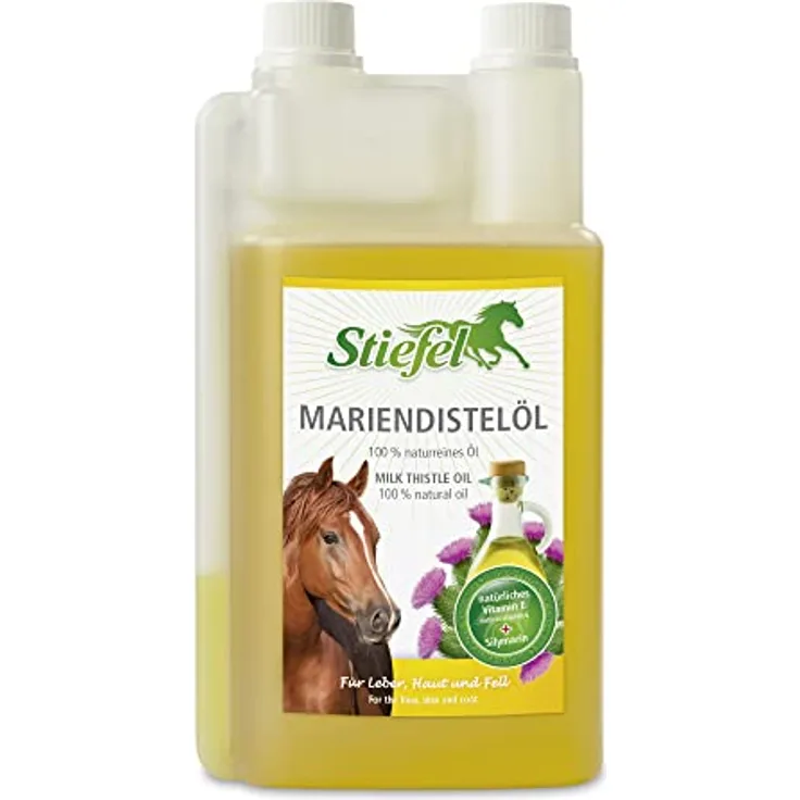 Stiefel Mariendistelöl für Pferde, 100% naturreines Öl zur Unterstützung der Leberfunktion, hochwirksam für Haut & Fell, flüssig mit Dosierflasche, 1l
