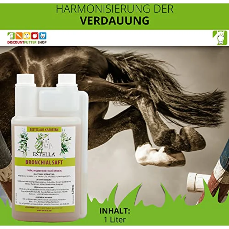 ESTELLA Bronchialsaft für Pferde 1 L, Kräuterextrakt mit Fenchel, Holunder- & Lindenblüte, Hibiskus | Unterstützung bei Husten und verschleimten Atemwegen – Bild 2