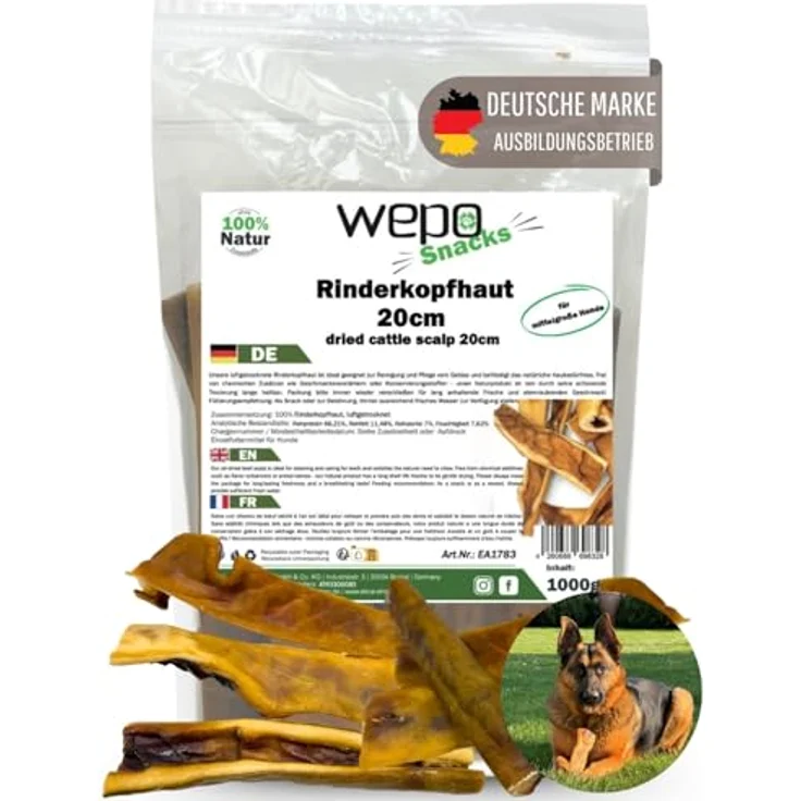 WEPO Rinderkopfhaut für Hunde groß 1kg - getrockneter Kausnack 20cm für natürliche Zahnreinigung, 100% naturbelassen, fettarm & proteinreich – Bild 1