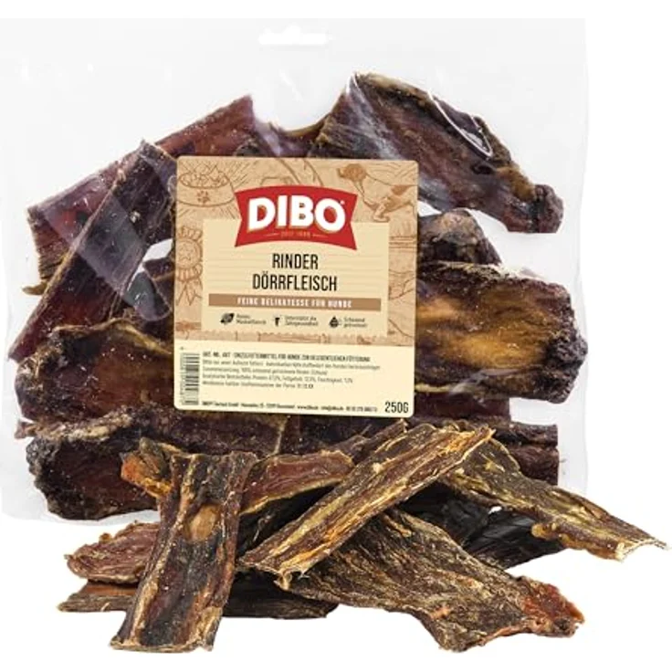 DIBO Rinder-Dörrfleisch 250g, gesunder Hundesnack zur Förderung der Mundhygiene mit Vitaminen und Mineralstoffen – Bild 1