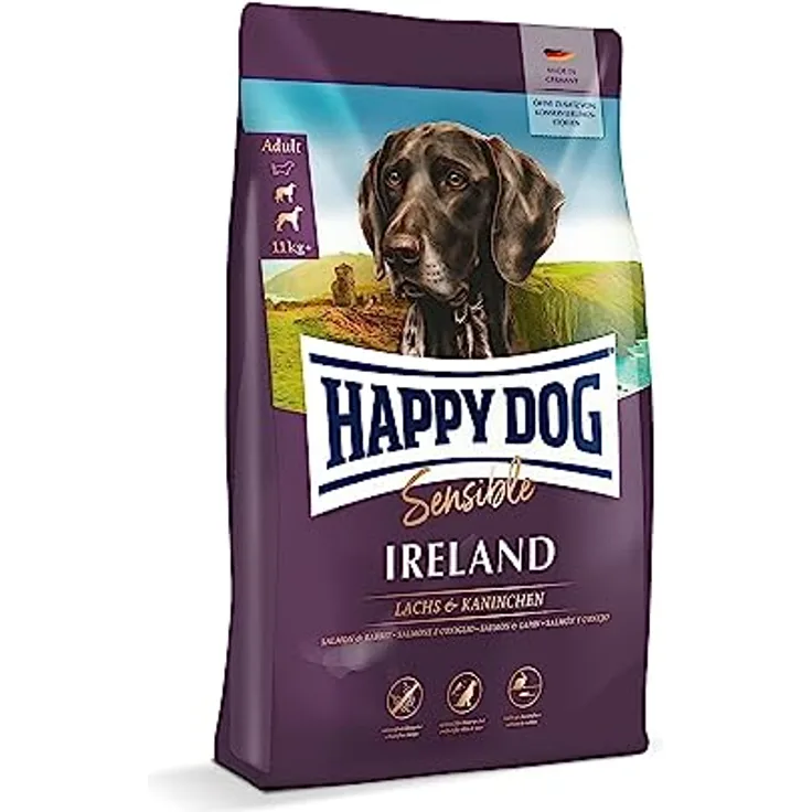 Happy Dog Sensible Trockenfutter Hund Adult Irland, 4 kg - Weizenfreie Rezeptur mit Lachs und Kaninchen für sensible Genießer, Unterstützung von Haut und Fell