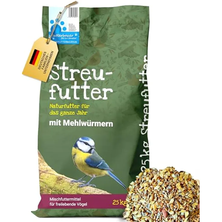 Futterbauer 25kg SCHALENLOSES Streufutter mit Mehlwürmern, Ganzjahresvogelfutter für Wildvögel