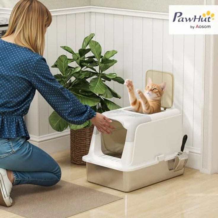 PawHut Edelstahl Katzentoilette mit Deckel, Doppelgänge-System, Deodorierungsbeutel, für Katzen bis 7 kg, 60,4 x 40,4 x 41,8 cm, Weiß – Bild 2