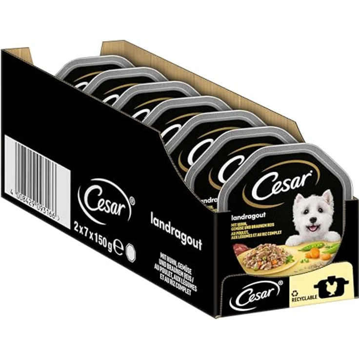 Cesar Hundefutter Nassfutter Empfehlung des Chefkochs, Huhn, Reis, Gemüse, 7er Pack (7 x 2 Schalen x 150 g), 100% ausgewogen, hochwertige Zutaten – Bild 1