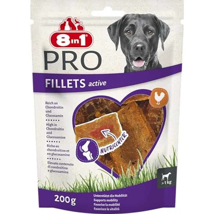 8in1 Pro Fillets Active, Hunde-Snack mit Hähnchen, fettarm und proteinreich, mit Chondroitin und Glucosamin für gesunde Knochen und Gelenke, 200g Beutel – Bild 1