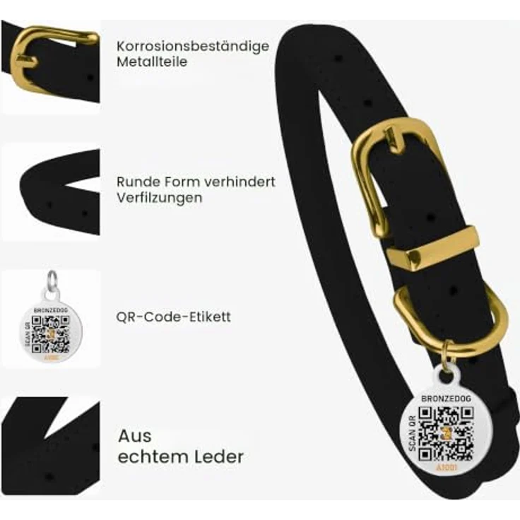 BRONZEDOG Hundehalsband gerolltes Leder mit QR-ID-Tag, verstellbar, weich, rund, für Hunde und Katzen, Schwarz (23-28 cm) – Bild 3