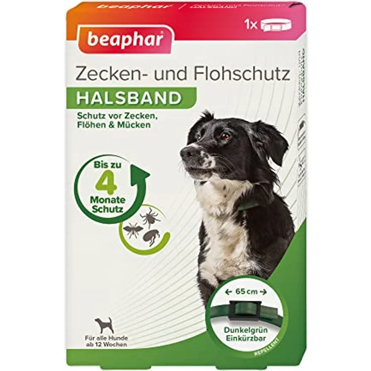 BEAPHAR Zecken- und Flohschutz Halsband für Hunde ab 12 Wochen, Repellent, 4 Monate Schutz, verstellbar, regenfest, Bandlänge 65 cm, dunkelgrün – Bild 1