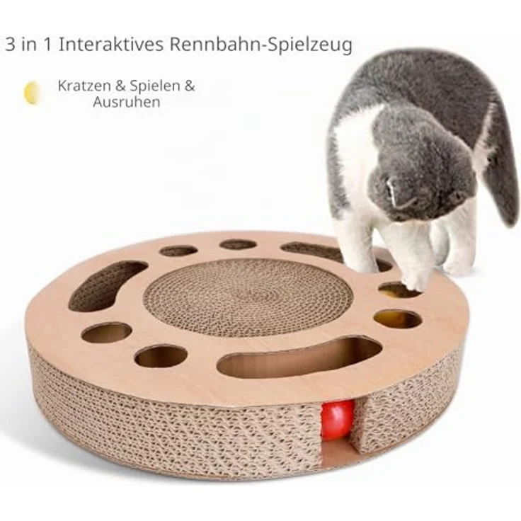 Nobleza 3-in-1 Katzenkratzbrett mit Minze, interaktives Spielzeug mit 2 Klingelballs aus Wellpappe – Bild 5