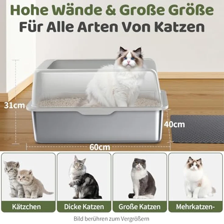Gimars XL Katzenklo aus Metall, 37L Edelstahl Katzentoilette mit hoher Seitenwand, Schaufel & Matte, robustes Design für große & mittelgroße Katzen – Bild 2