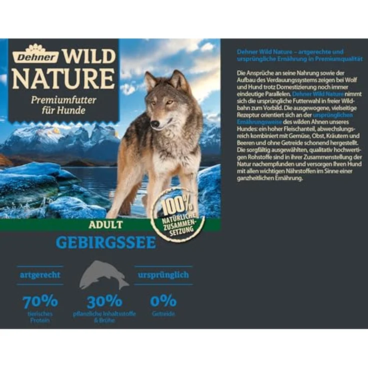 Dehner Wild Nature Hundefutter Gebirgssee, getreidefreies Nassfutter für ausgewachsene Hunde mit Lachs und Huhn, 6 x 400 g Dose (2.4 kg), 70% tierisches Protein, ohne Zucker und Soja – Bild 2