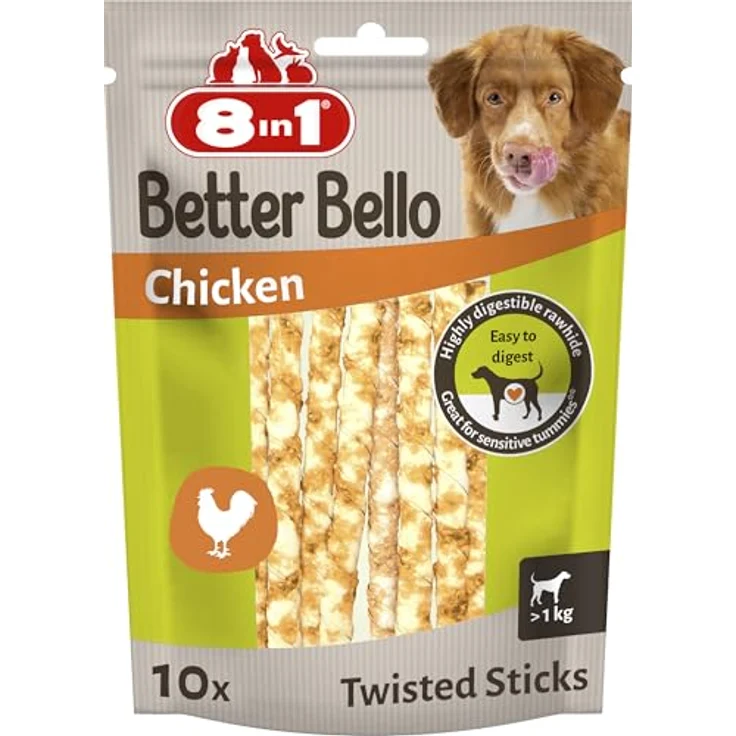 8in1 Better Bello Chicken Twisted Sticks, leicht verdauliche Kaustangen für Hunde mit Huhn, 60g Beutel (10 Stück) – Bild 1