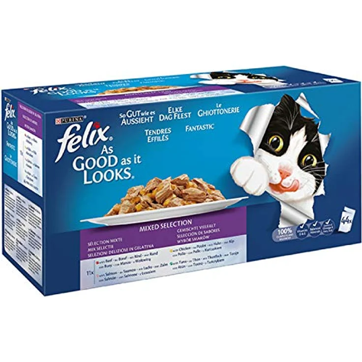 Felix Katzennassfutter Gelee Gemischte Vielfalt, 44 x 100 g Premium Portionsbeutel für Katzen – Bild 1