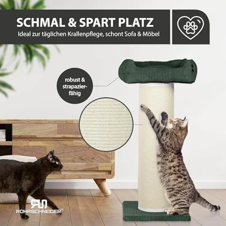 Rohrschneider Kratzbaum Frieda XXL, stabiler Katzenkratzbaum mit austauschbaren Kratzmatten, waschbarem Cordbezug in grün, für große, mittlere und kleine Katzen – Bild 5