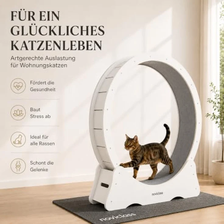noviclass® Katzenlaufrad Baghira XXL, 132 cm Durchmesser, mit Anti-Vibrationsmatte und kurzflorigem Teppich in Weiß mit beigem Teppich – Bild 2