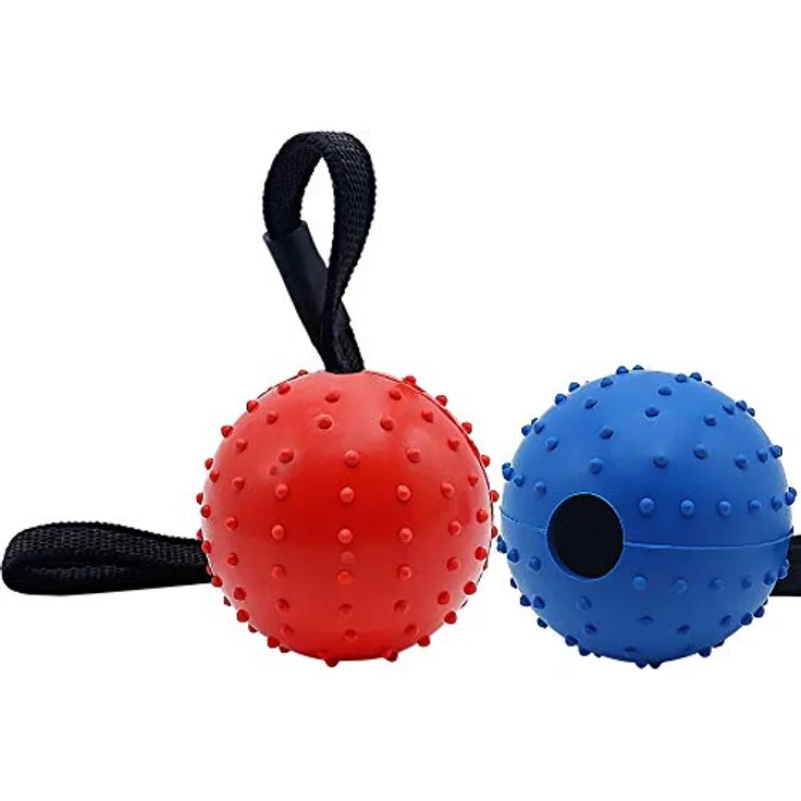 Vivifying Hundeball auf einem Seil, 2 Stück interaktive Naturkautschukbälle, 7 cm Durchmesser, Zahnreinigung und Kauspielzeug, Blau + Rot