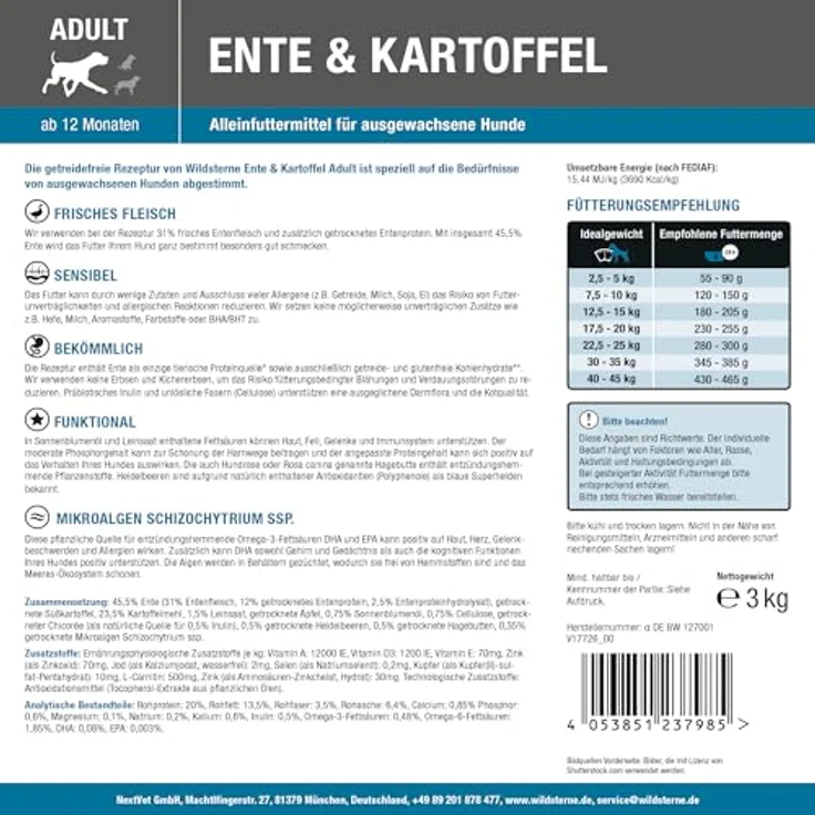 Wildsterne Ente & Kartoffel Adult 3 kg, Getreidefreies Trockenfutter mit 45,5 % Ente, Monoprotein, von Tierärzten entwickelt, hypoallergen, für empfindliche Hunde – Bild 3