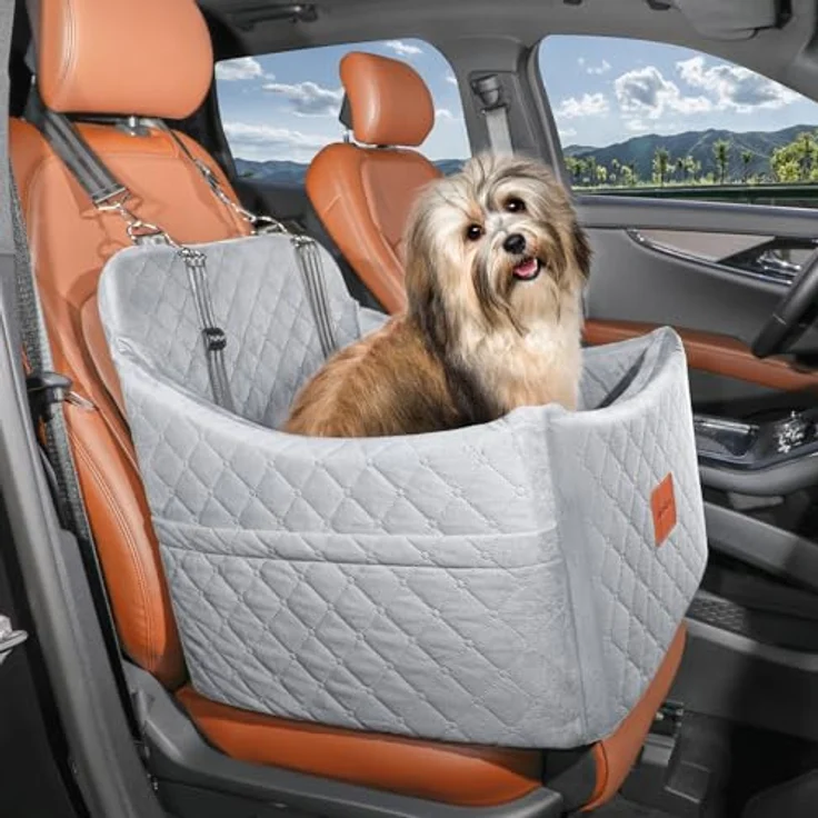 INDYBUD Hunde Autositz, Waschbarer Hundesitz für kleine bis mittlere Hunde mit Aufbewahrungstaschen, Ansteckbare Leine und verdicktem Memory-Schaum, grau, mittel – Bild 2