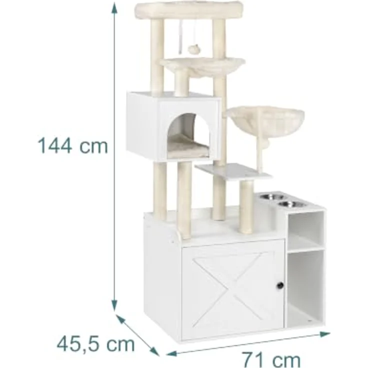 Relaxdays Kratzbaum Katzenkloschrank mit Magnettür, Sisal & Höhle, 2 Näpfen, weiß – Bild 4