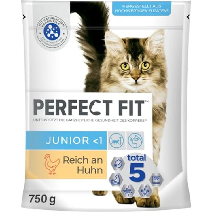 Perfect Fit Junior Trockenfutter für junge Katzen unter 1 Jahr - Huhn, 750g (6 Beutel), mit Zink für gesunde Haut & Fell, angereichert mit Taurin, Vitamin E und C – Bild 1