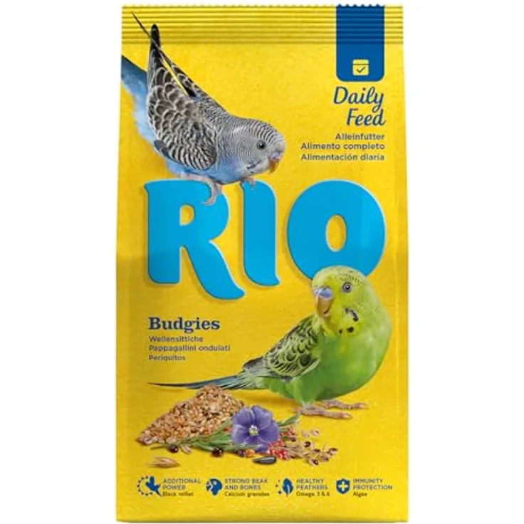 RIO Budgies, Alleinfuttermittel für Wellensittiche, 1 kg mit gesunden Saaten und Getreide, enthält Algen und Calciumgluconat für optimale Ernährung
