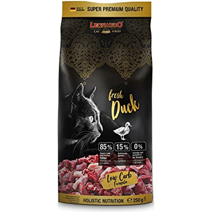 Leonardo Fresh Duck & Poultry, Trockenfutter für Katzen mit 85% Frischfleisch, Alleinfuttermittel, Doppelpack 2 x 250 g, low carb Formel, geeignet für erwachsene Katzen aller Rassen ab 1 Jahr – Bild 2
