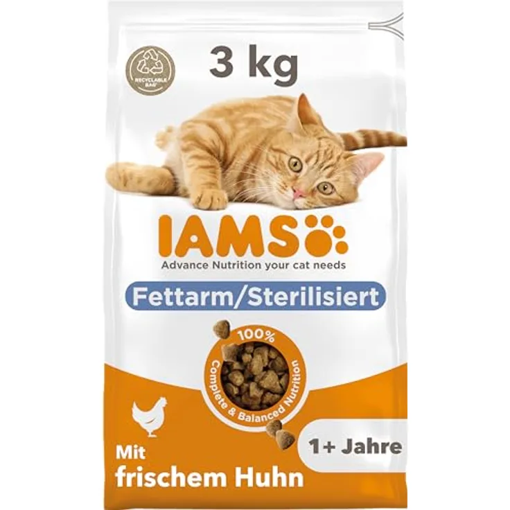 IAMS Sterilised Katzenfutter trocken mit Huhn, 3 kg - Trockenfutter für sterilisierte Katzen ab 1 Jahr, fettreduziert, weizenfrei, mit Omega-3- und Omega-6-Fettsäuren für gesundes Fell und starke Immunabwehr