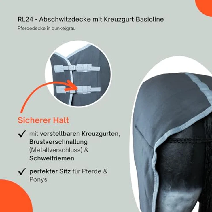 RL24 Abschwitzdecke BASICLINE, atmungsaktive Decke mit Kreuzgurt, dunkelgrau, 65cm, doppelseitiger Fleece – Bild 4