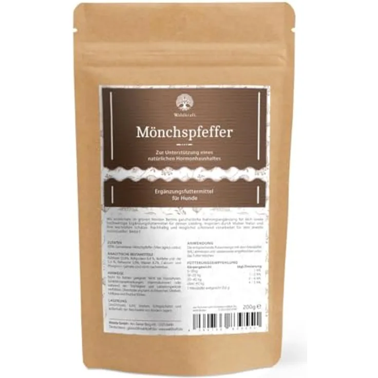 Waldkraft Mönchspfeffer für Hunde Nachfüllpack | 100 % Vitex Agnus-castus Pulver zur Unterstützung der Hormonbalance für Rüden & Hündinnen | 200 g