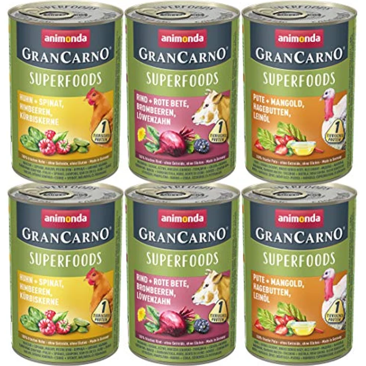animonda GranCarno Hunde Nassfutter Superfoods Variation, 6 x 400g, getreidefreies Hundenassfutter ohne Zucker, mit frischen fleischigen Zutaten für ausgewachsene Hunde – Bild 1