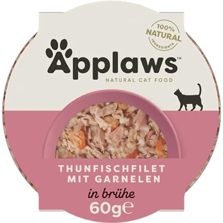Applaws Katzennassfutter, Thunfischfilet mit Garnelen in Brühe, 100% natürlich, 60g (10 x 60g)