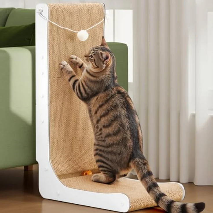 Gimars L-förmiges Kratzbrett für Katzen, 68 cm hoch, langlebig mit interaktivem Spielball und rutschfester Unterlage, schützt Möbel und Sofas – Bild 2