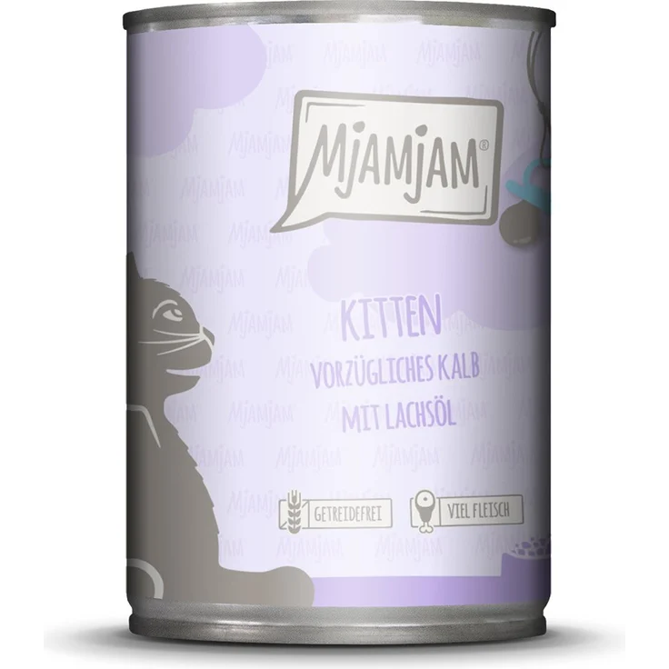 MjAMjAM Kitten Vorzügliches Kalb mit Lachsöl, Katzen-Nassfutter, 6x400g, ohne Getreide und Zucker, hoher Fleischanteil