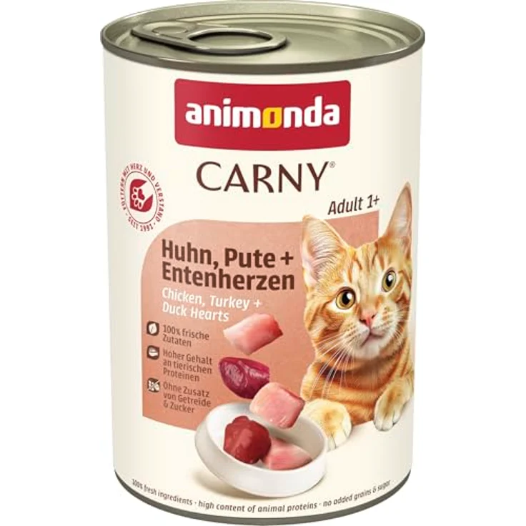animonda Carny Katzen Nassfutter Huhn + Pute + Entenherzen, getreidefreies Futter ohne Zucker, 6 x 400g, frische Fleischzutaten für ausgewachsene Katzen – Bild 1