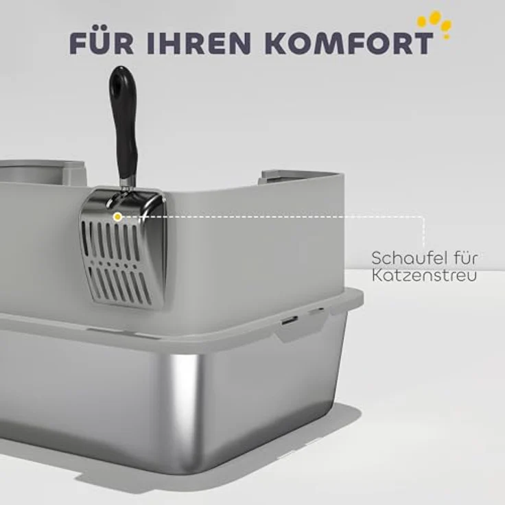 PawHut Katzentoilette Edelstahl Offene Katzenklo mit Schaufel, hohe Wände und Matte, für große Katzen bis 7 kg, 60,2 x 40,2 x 29,5 cm, Grau – Bild 8