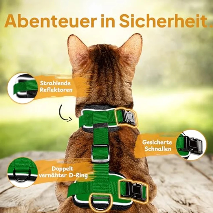 Tierhood Katzengeschirr mit Leine [Neue, LEICHTE Version] - Komfortables Set für Katzen und Kitten, Grün, Größe M, mit 1,4m Leine, sichere Schnallen und reflektierenden Elementen – Bild 5
