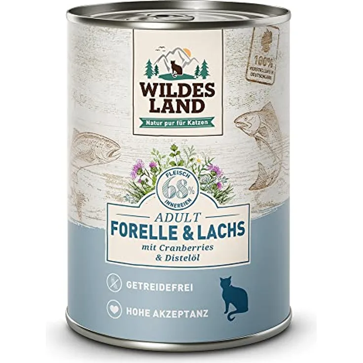 WILDES LAND Lachs, Nassfutter mit hohem Fleischanteil und natürlichen Zutaten für ausgewachsene Katzen, 6x375g