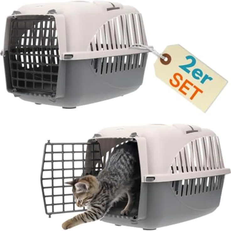 GarPet Tiertransportbox 2er Set, graue Katzentransportbox und Hundebox für Auto mit Sicherheitsgurt und optimaler Belüftung, für Tiere bis 8 kg