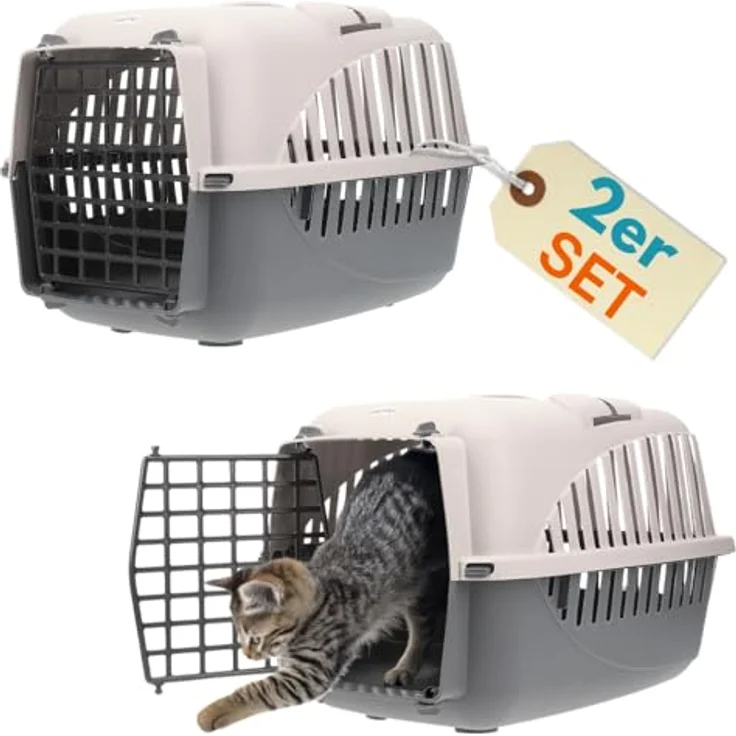 GarPet Tiertransportbox 2er Set, graue Katzentransportbox und Hundebox für Auto mit Sicherheitsgurt und optimaler Belüftung, für Tiere bis 8 kg – Bild 1