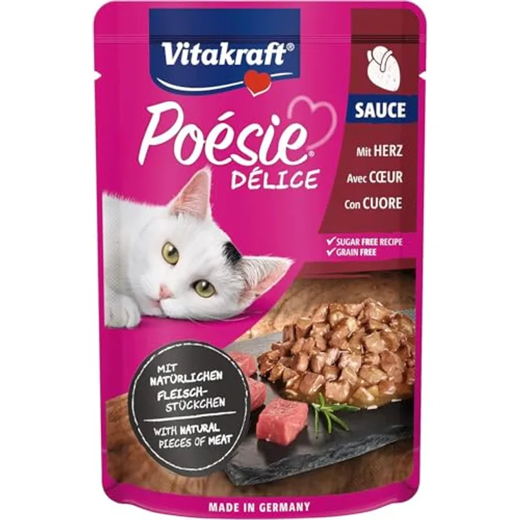 Vitakraft Poésie Délice, Nassfutter Katze in Sauce, mit wertvollem Herz, ohne Zucker und Getreide, 85g