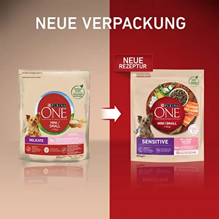 PURINA ONE Mini/Small Delicate Hundefutter trocken für kleine Hunde, reich an Lachs und Reis, 8er Pack (8 x 800g) mit Omega 3 Fettsäuren und natürlichen Präbiotika – Bild 2