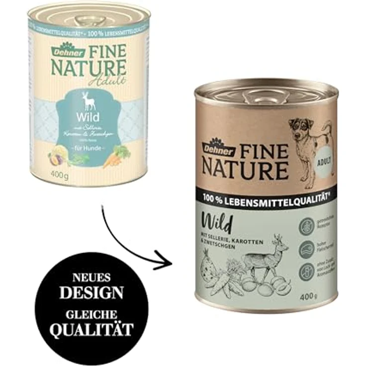 Dehner Fine Nature Hundefutter, Nassfutter in Lebensmittelqualität, Wild mit Sellerie und Karotten, getreidefrei, 6 x 400 g Dose (2.4 kg) – Bild 4