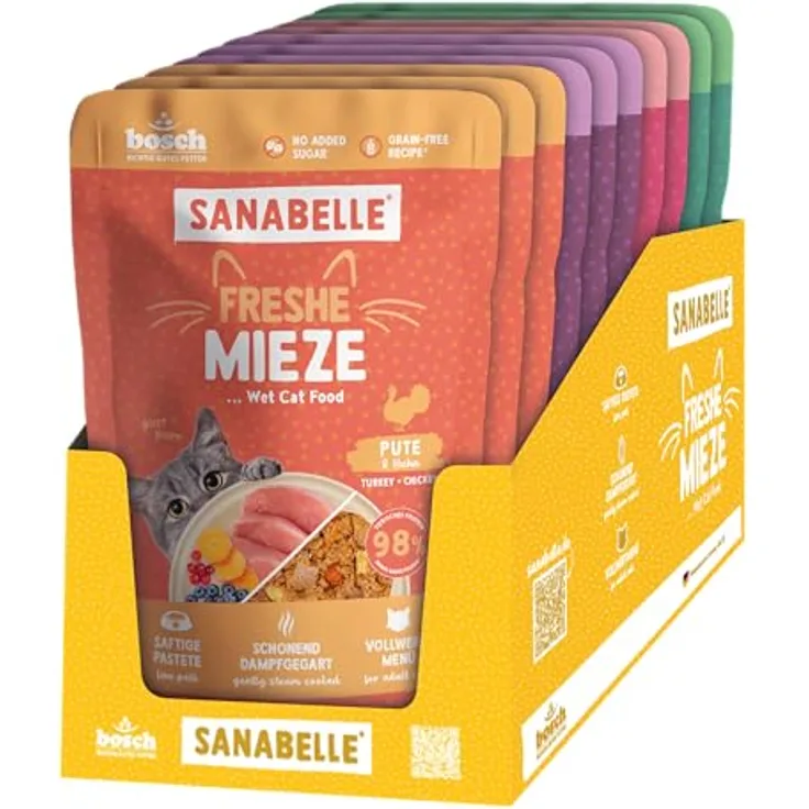 Sanabelle Freshe Mieze Mixtray, Katzen-Nassfutter mit 70% Fleischanteil, getreidefrei, 10x100 g