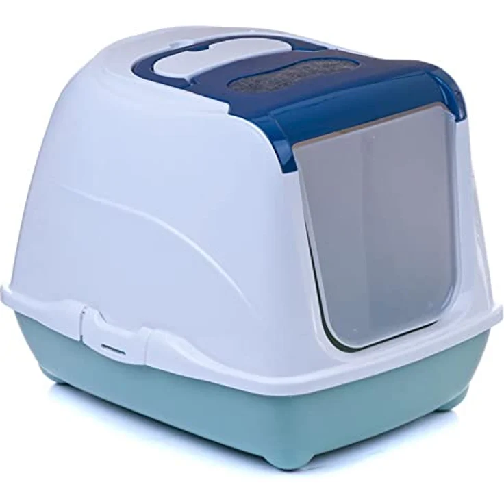 adena Katzentoilette Sondermodell 50, Katzenklo mit Haube in hochglanz weiß, inkl. Streuschaufel und Aktivkohlefilter, blau und Agave – Bild 2