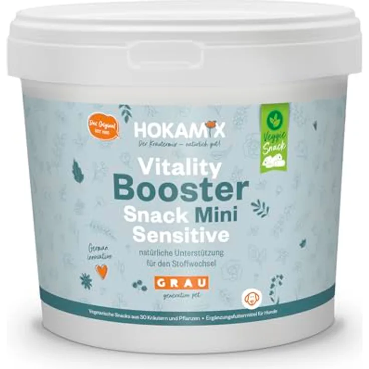 Grau Hokamix Vitality Booster Snack Mini Sensitive, Ergänzungsfuttermittel für Hunde, vegetarisch mit 30 Kräutern, 1 x 4,5kg