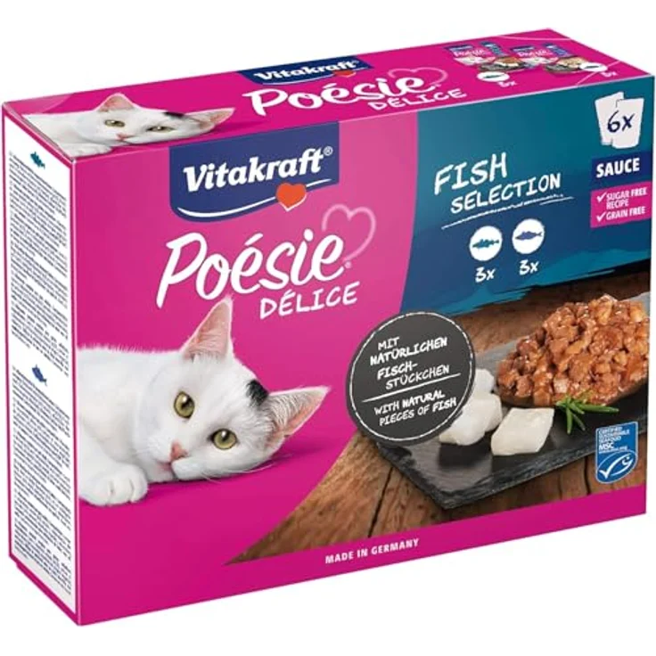 Vitakraft Poésie Délice Fish Selection, Nassfutter für Katzen in Sauce, mit Seelachs und Kabeljau, ohne Zusatz von Zucker und Getreide, 1 Paket mit 6x 85g – Bild 1