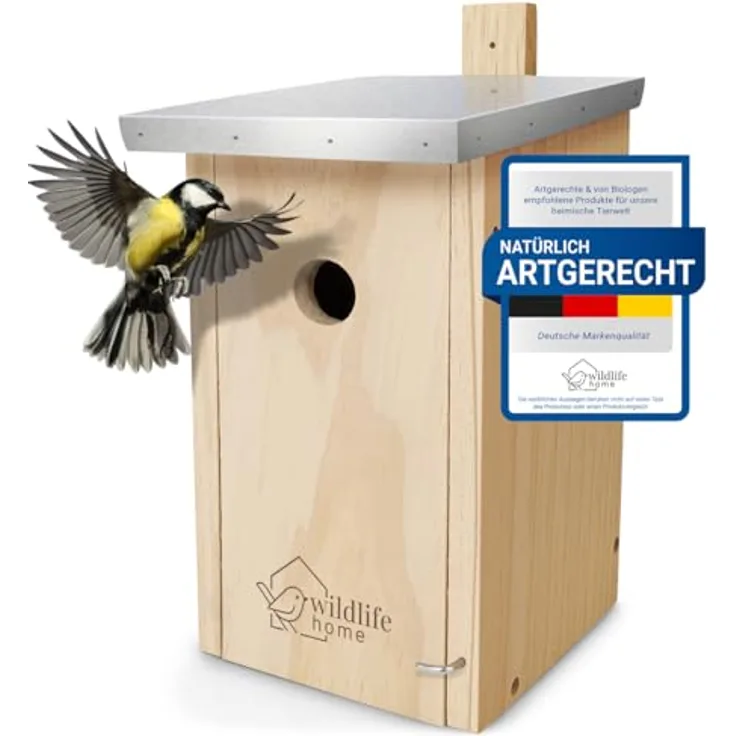 wildlife home WILDLIFE HOME Nistkasten für Kohlmeisen, Massivholz mit Metalldach, wetterfest und unbehandelt, 22 x 15,5 x 33 cm