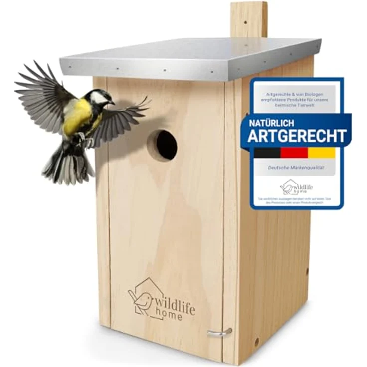 wildlife home WILDLIFE HOME Nistkasten für Kohlmeisen, Massivholz mit Metalldach, wetterfest und unbehandelt, 22 x 15,5 x 33 cm – Bild 1